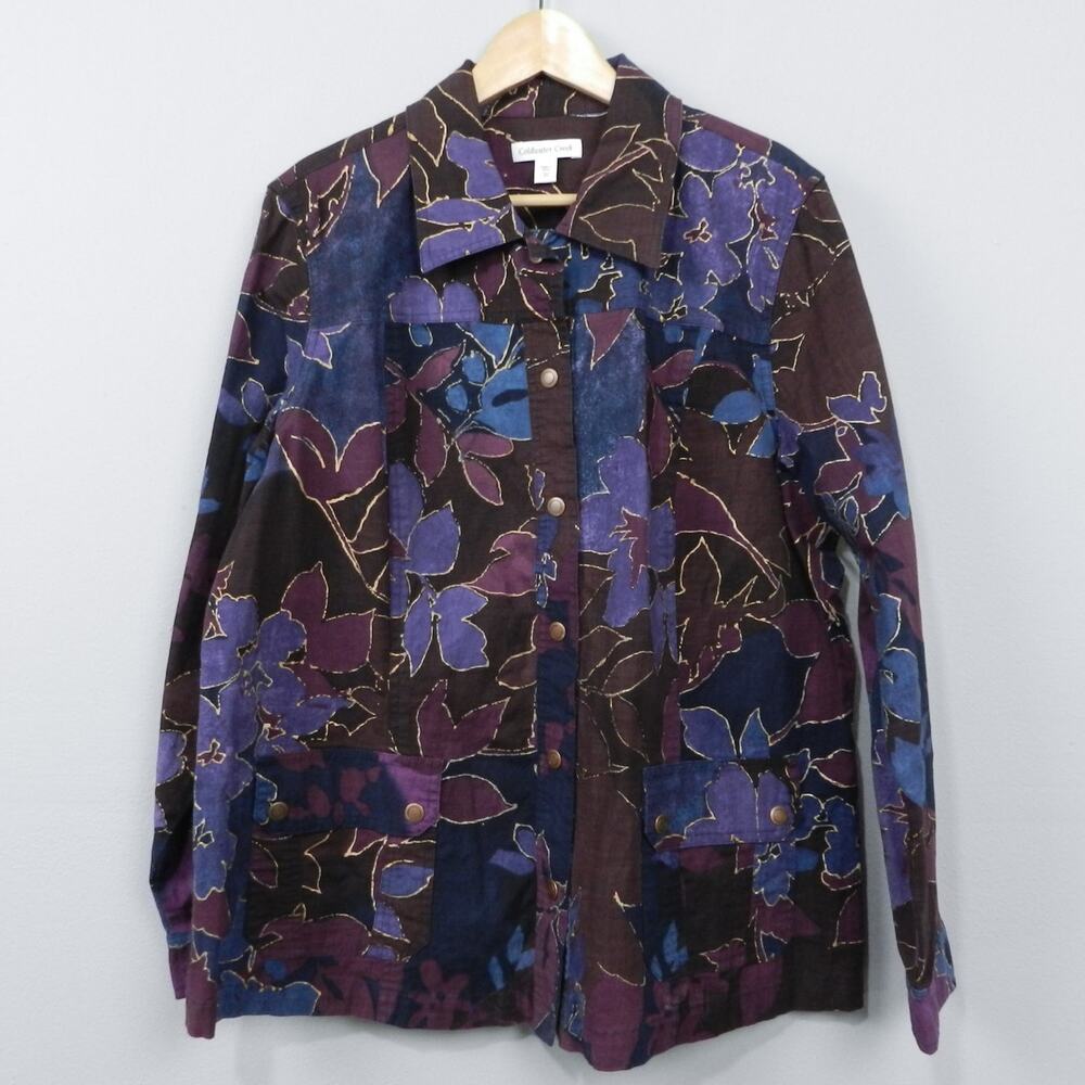 Coldwaterβ Creek Floral Chambray Jacket Size 20 Purple Navy Lightweight Stretch